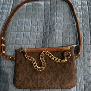 Michael Kors Signature Logo Pull Chain Belt Bag Chocolate Fanny Pouch W/Strap